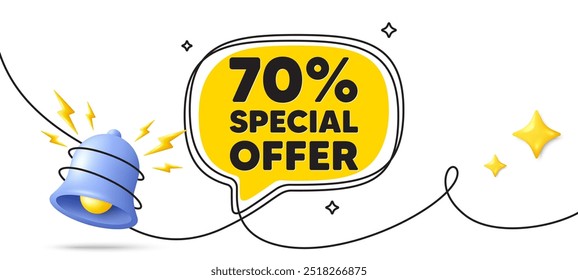 70 percent discount offer tag. Continuous line art banner. Sale price promo sign. Special offer symbol. Discount speech bubble background. Wrapped 3d bell icon. Vector