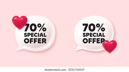 70 percent discount offer tag. Chat speech bubble 3d icons. Sale price promo sign. Special offer symbol. Discount chat offer. Love speech bubble banners set. Text box balloon. Vector