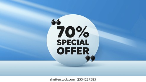 70 percent discount offer tag. Circle frame, product stage background. Sale price promo sign. Special offer symbol. Discount round frame message. Minimal design offer scene. 3d comma quotation. Vector