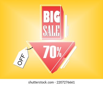 70 PERCENT DISCOUNT, RED BIG SALE INDICATIVE FLOATING ARROW WITH WHITE FONT AND DETAILS, YELLOW BACKGROUND
