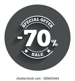 70 percent discount sign icon. Sale symbol. Special offer label. Circle flat button with shadow. Modern UI website navigation. Vector