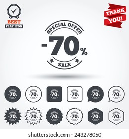 70 percent discount sign icon. Sale symbol. Special offer label. Circle, star, speech bubble and square buttons. Award medal with check mark. Thank you ribbon. Vector