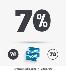 70 percent discount sign icon. Sale symbol. Special offer label. Flat icons. Buttons with icons. Thank you ribbon. Vector