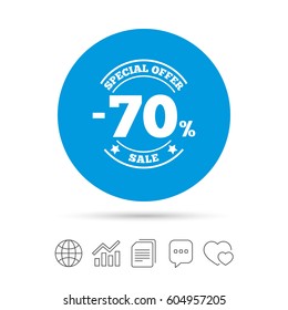 70 percent discount sign icon. Sale symbol. Special offer label. Copy files, chat speech bubble and chart web icons. Vector