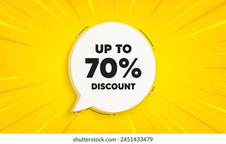 Bis zu 70 Prozent Rabatt. Sprechblasen-Sonnenbrand-Banner. Sale-Angebot Preis-Schild. Symbol für Sonderangebote. Speichern 70 %. Rabatt-Tag-Chat-Sprachnachricht. Gelber Sonnenplatzer-Hintergrund. Vektorgrafik