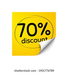 70 Percent Discount. Sticker note with offer message. Sale offer price sign. Special offer symbol. Yellow sticker banner. Discount badge shape. Post note. Adhesive offer paper sheet. Vector