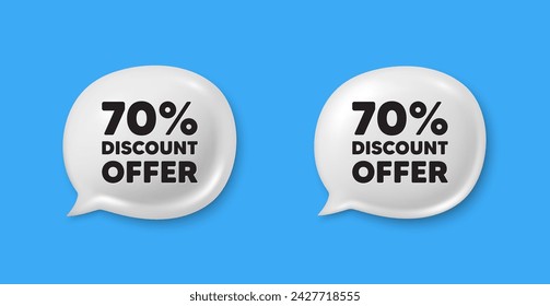 70 percent discount tag. Chat speech bubble 3d icons. Sale offer price sign. Special offer symbol. Discount chat offer. Speech bubble banners set. Text box balloon. Vector