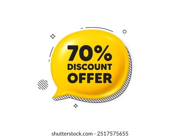70 por ciento de descuento. Icono 3d de la burbuja del discurso del cómic. Venta oferta signo de Precio. Símbolo de oferta especial. Oferta de chat con descuento. Anuncio de cómic de burbuja de discurso. Globo de descuento. Vector