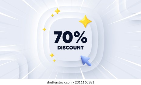 70 percent discount tag. Neumorphic banner with sunburst. Sale offer price sign. Special offer symbol. Discount message. Banner with 3d cursor. Circular neumorphic template. Vector