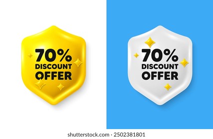 70 percent discount tag. Shield 3d icon banner with text box. Sale offer price sign. Special offer symbol. Discount chat protect message. Shield speech bubble banner. Vector