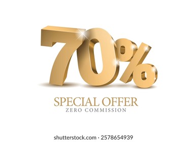 70 percent number. Ten number in gold 3d. Poster template for discount forty percent, sale discount, work progress. Vector illustration