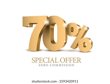 70 percent number. Ten number in gold 3d. Poster template for discount forty percent, sale discount, work progress. Vector illustration