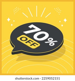 70% de descuento. Globo flotante 3D con promoción de ventas en fondo amarillo