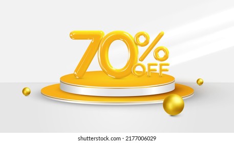 70% de descuento. 3 d Símbolo de bonificación del 70% en una etapa de podio. Banner de venta o diseño de afiches. Ilustración vectorial.