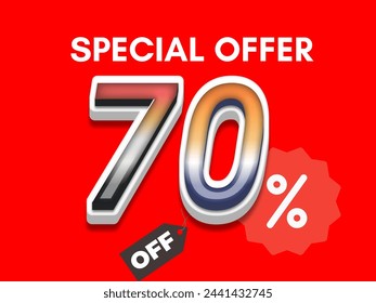 70 percent off 3d sign on red background, sale up to 70 percent off, sticker, banner, advertising, offer icon 