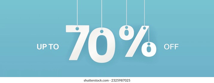 70 percent off banner. Hanging big numbers. Discount offer. Wide turquoise banner. Vector illustration.