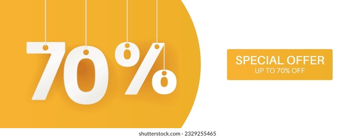 70 percent off banner. Hanging big numbers. Discount offer. Wide yellow banner. Vector illustration.