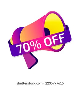 70 percent off banner label, badge icon with megaphone. Flat design
