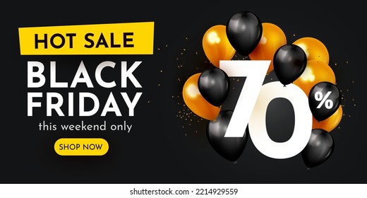 70 percent Off. Black Friday creative composition. 3d sale symbol with decorative objects. Sale banner and poster. Vector illustration.