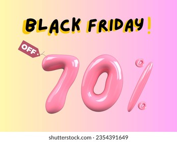 70 Percent Off. Black Friday aesthetic creative composition. 3d sale symbol. Sale banner and poster. Vector illustration. Pink background. 