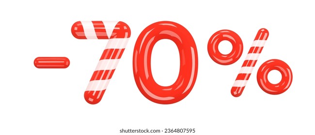 70 percent Off. Christmas Sale. Discount creative design of red and striped volumetric numbers and signs. Mega sale or ten percent bonus symbol on white. Sale banner and poster. 3d Vector illustration