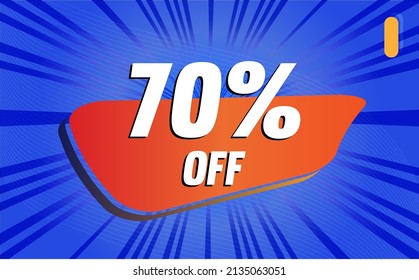 70% percent off discount blue and orange shape with retro sunburst rays and halftone for promotion and offers