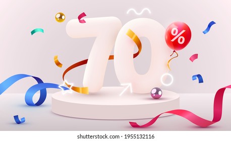 70 percent Off. Discount creative composition. 3d sale symbol with decorative objects, heart shaped balloons, golden confetti, podium and gift box. Sale banner and poster. Vector illustration.