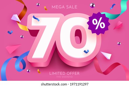 70 percent Off. Discount creative composition. 3d mega sale 70% symbol with decorative objects,. Sale banner and poster. Vector illustration.