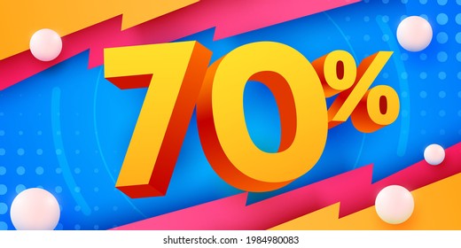 70 percent Off. Discount creative composition. 3d mega sale 70% symbol with decorative objects. Sale banner and poster. Vector illustration.