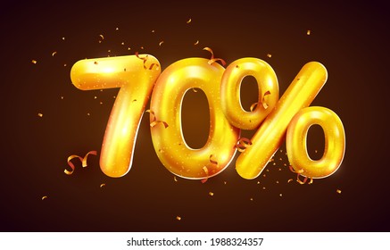 70 percent Off. Discount creative composition of golden balloons. 3d 70% mega sale or seventy percent bonus symbol with confetti. Sale banner and poster. Vector illustration.
