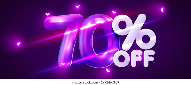 70% de descuento. Descubre la composición creativa. 3 d mega venta 70% símbolo con objetos decorativos, Cartel y afiche de venta. Ilustración vectorial.