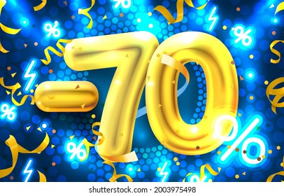 70 percent Off. Discount creative composition. 3d mega sale symbol with decorative objects. Sale banner and poster. Vector illustration.