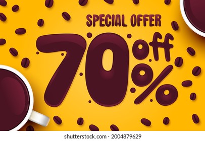 70 percent Off. Discount creative composition. Coffee special offer. Sale banner and poster. Vector illustration.