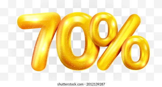 70% de descuento. Descuento de la composición creativa de los globos dorados. 3d mega venta o el símbolo de bonificación setenta por ciento sobre fondo transparente. Cartel y afiche de venta. Ilustración vectorial.