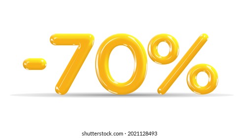 70 percent Off. Discount creative composition of golden or yellow balloons. 3d mega sale or seventy percent bonus symbol on white background. Sale banner and poster. Vector illustration.
