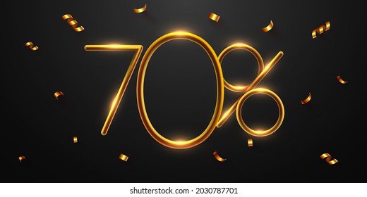 70% de descuento. Descuento de la composición creativa de los globos dorados. 3d mega venta 70% o setenta por ciento símbolo de bonificación con confeti. Cartel y afiche de venta. Ilustración vectorial.
