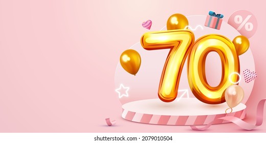 70 percent Off. Discount creative composition. Golden sale symbol with decorative objects, heart shaped balloons and gift box. Sale banner and poster. Vector illustration.