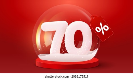 70 percent Off. Discount creative composition. Sale symbol in Glass snow globe. Christmas decorative design. Vector illustration.