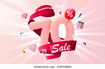 70% de descuento. Descubre la composición creativa. 3d símbolo de venta con objetos decorativos, globos con forma de corazón y caja de regalo. Cartel y afiche de venta. Ilustración vectorial.