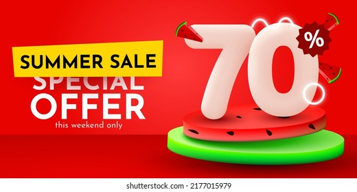 70 percent Off. Discount creative composition. Summer sale banner with watermelon. Sale banner and poster. Vector illustration.