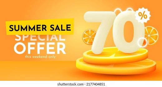 70% de descuento. Descubre la composición creativa. Cartel de venta de verano con naranja. Cartel y afiche de venta. Ilustración vectorial.