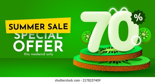 70 percent Off. Discount creative composition. Summer sale banner with kiwi. Sale banner and poster. Vector illustration.