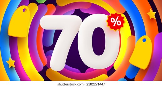 70 percent Off. Discount creative composition. 3d sale symbol with decorative objects. Sale banner and poster. Vector illustration.