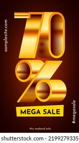 70% de descuento. Descubre la composición creativa. Mega venta o símbolo de bonificación del 70 por ciento. Ilustración vectorial.