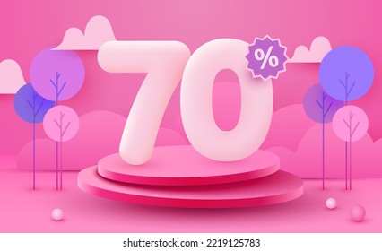 70 percent Off. Discount creative composition. 3d sale symbol with decorative objects and podium. Sale banner and poster. Vector illustration.