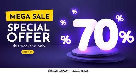 70 percent Off. Discount creative composition. 3d sale symbol with decorative objects. Sale banner and poster. Vector illustration.