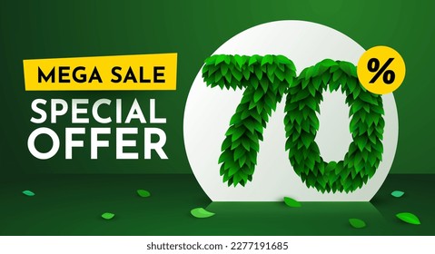 70 percent Off. Discount creative composition. Sale brochure with font made from leaves. Sale banner and poster. Vector illustration.