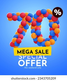 70% de descuento. Descubre la composición creativa. Mega venta. Ilustración vectorial.