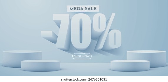 70 percent Off. Discount creative composition. Product presentation, mock up, podium. Sale banner and poster. Vector illustration.