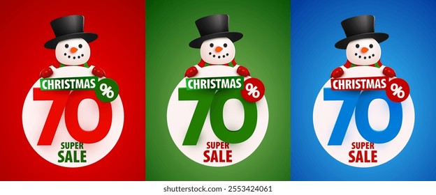 70 percent Off. Discount creative composition with snowman in hat. Merry Christmas and Happy New Year. Sale banner set. Vector illustration.